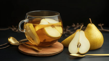 Cup of pear tea with fresh pears on wooden table.の素材