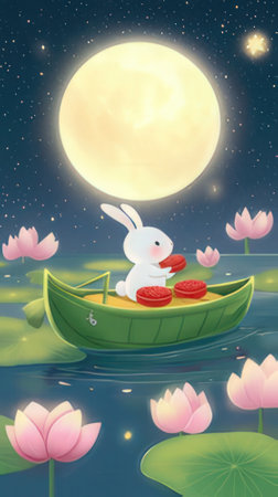 Illustration of a little white rabbit in a boat on the lakeの素材