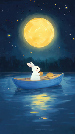 Illustration of a little white rabbit on a boat with a full moonの素材