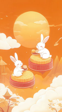 Chinese Mid Autumn Festival background with bunnies and mooncake.の素材