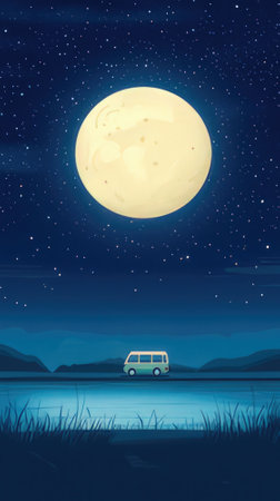 Night landscape with a camper van and the moon. Vector illustration.の素材