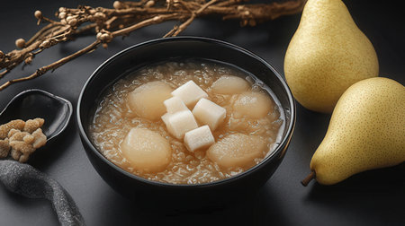 Rice porridge with pears and sugar cubes in a bowlの素材