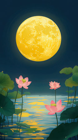 Night landscape with lotus pond and full moon. Vector illustration.の素材