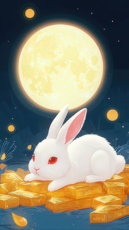 Illustration of a cute white rabbit on the background of the full moonの素材