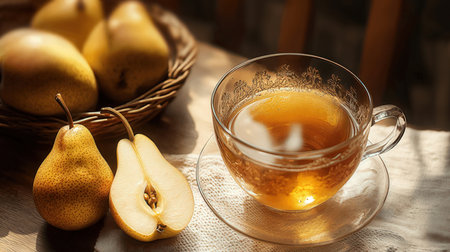Cup of tea with fresh pears on the wooden table.の素材