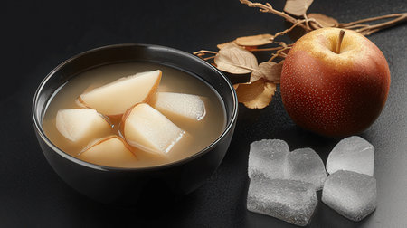 Ginger tea with ice cubes on a black background.の素材