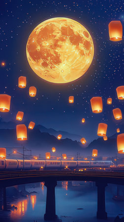 Paper lanterns floating in the night sky with full moon background.の素材