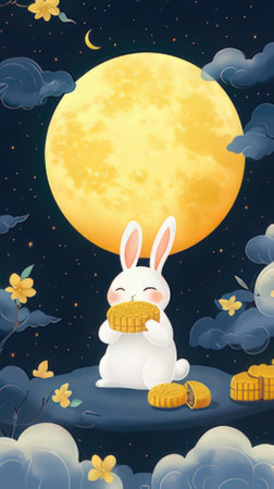 cartoon scene with happy rabbit in the moonlight illustration for childrenの素材