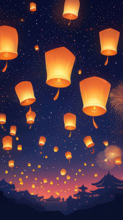 Paper lanterns in the night sky. Happy New Year. Vector illustration.の素材