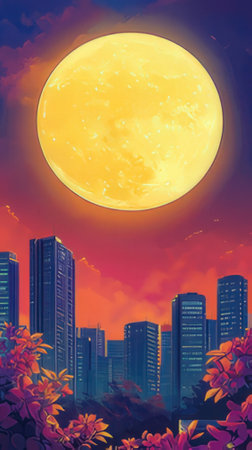 Night city landscape with full moon and skyscrapers. Vector illustration.の素材
