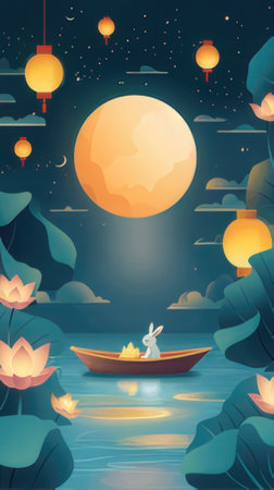 Mid Autumn Festival with Moon, Lanterns and Boat Vector Illustrationの素材
