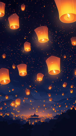 Floating lanterns in the night sky. Paper art style.の素材