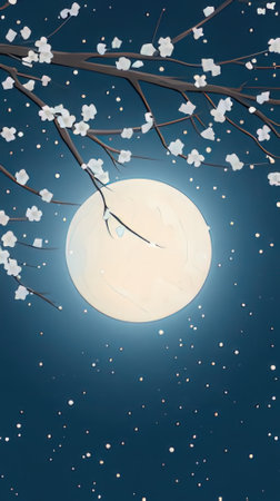 The full moon over the cherry blossom branch. Vector illustration.の素材