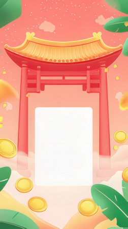 Chinese gate with golden coins in the background. Vector cartoon illustration.の素材
