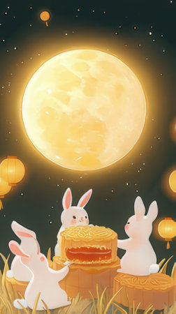 Happy Chinese New Year. Cute bunnies eating cake with moon background.の素材