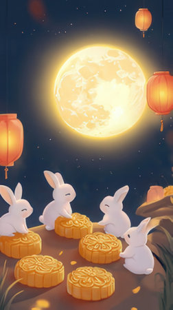 Mid-Autumn Festival moon cake and bunnies, 3d renderingの素材