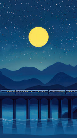 Train on the bridge at night with full moon. Vector illustration.の素材