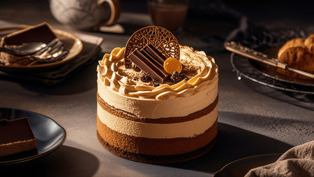 Chocolate cake with butter cream and chocolate shavings on topの素材