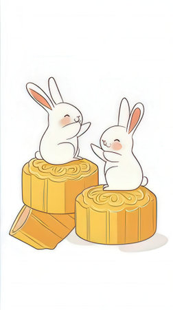 Rabbits and moon cake on a white background. Vector illustration.の素材