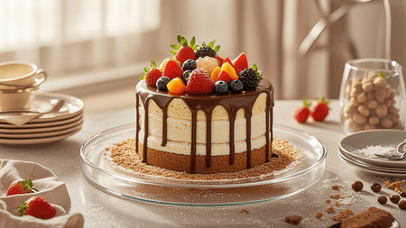 Delicious chocolate cake with berries on table in kitchen, closeupの素材