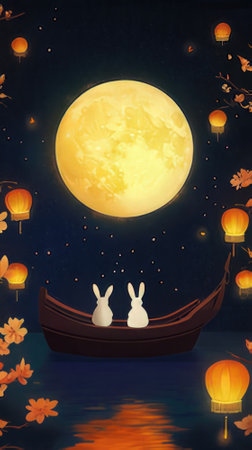 Chinese Mid Autumn Festival, Moon, Lanterns and Bunniesの素材