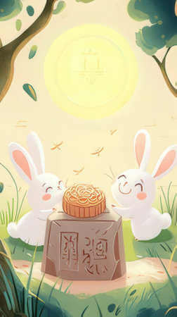 Mid Autumn Festival with rabbit, moon and moon. Vector illustration.の素材