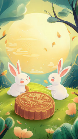 Rabbits and mooncake in the forest. Illustration.の素材