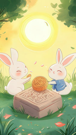 Happy Chinese New Year. Cute cartoon rabbits and mooncake on the grass.の素材