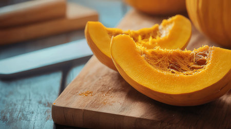 Pumpkin cut in half on a wooden board, selective focusの素材