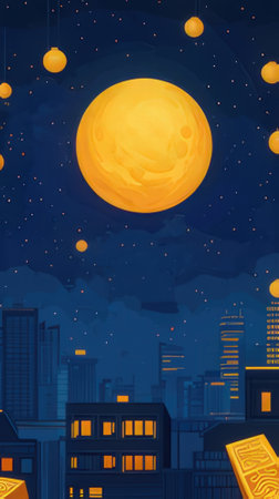 Night city landscape with moon, buildings and lanterns. Vector illustration.の素材