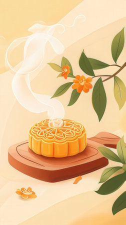Mid-Autumn Festival moon cake and tea leaves. Vector illustration.の素材