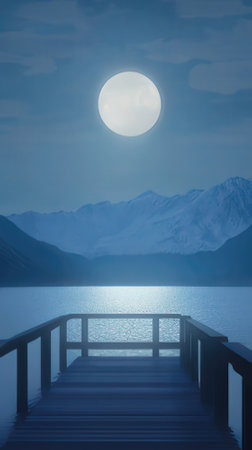 Wooden pier on a lake at night with mountains in the backgroundの素材