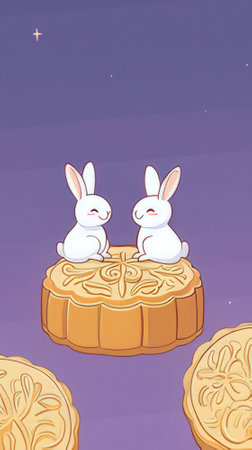 Illustration of Bunnies and Mooncake on a Purple Backgroundの素材
