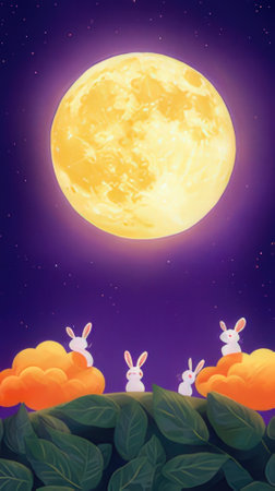 Rabbits on the background of the full moon. Vector illustration.の素材
