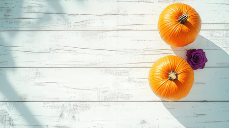 Top view of orange pumpkins on white wooden background with copy spaceの素材