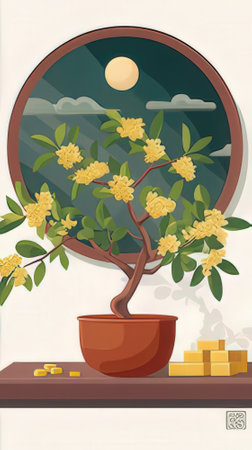 Bonsai tree with yellow flowers in pot. Vector illustration.の素材