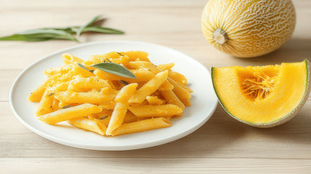 Penne pasta with pumpkin and rosemary on wooden table, closeupの素材