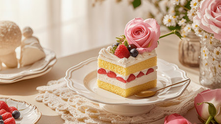 Piece of delicious cake with berries on plate and flowers on tableの素材