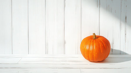 Pumpkin on white wooden background with copy space. Halloween and Thanksgiving concept.の素材