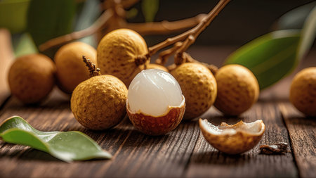 Fresh longan fruit on wooden background, selective focus, close upの素材