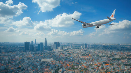 Airplane flying in the blue sky over the city. Business and travel concept.