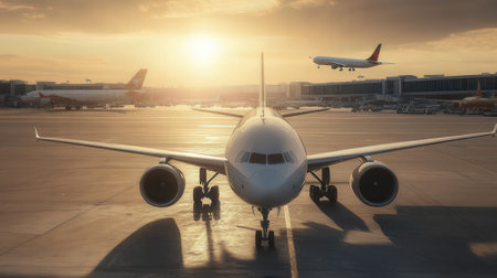 Airplane in the airport at sunset. Travel and tourism concept.の素材
