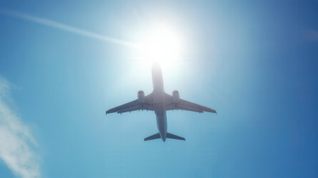 Airplane in the blue sky with sun rays. Travel concept.の素材