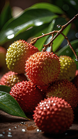Lychee fruits on wooden table. Tropical fruit close up.の素材