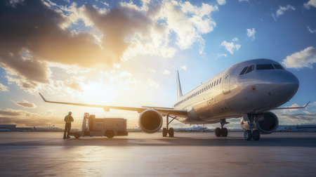 Airplane in the airport at sunset. Business travel and transportation concept.の素材