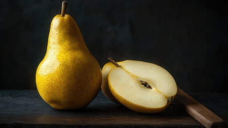 Ripe yellow pears on a dark background. Copy space.の素材