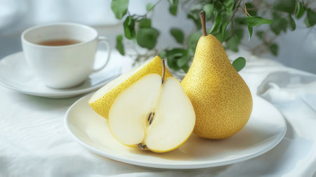 Ripe pears and cup of tea on table, closeupの素材