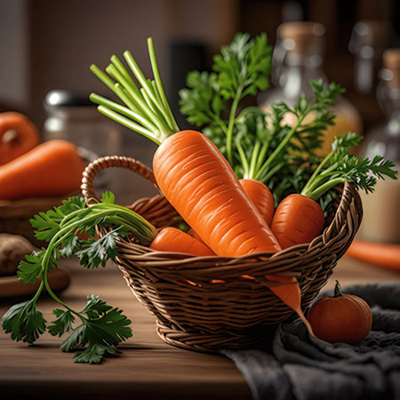 Basket with fresh carrots and parsley on a wooden table.の素材