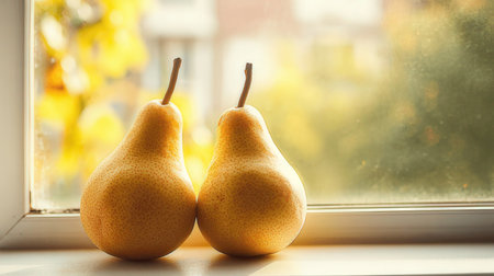 Two pears on the windowsill in the autumn. Selective focus.の素材