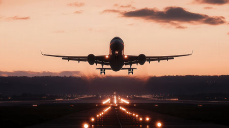 Airplane landing in the airport at sunset. 3d rendering.の素材